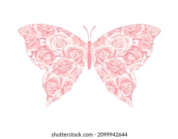 Butterfly of cream pink rose buds isolated on white. Creative stylized butterfly for wedding invitations, cards, tickets, congratulations, branding, sticker, logo, label