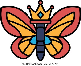 A butterfly with a crown on its head. The butterfly is orange and blue