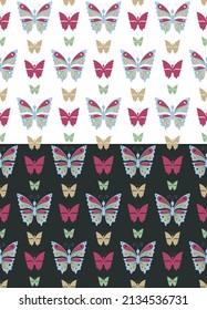 Butterfly cute seamless pattern. Hand drawn colorful silhouttes illustration, geometrical grid template. White or black easy editable background. Vector