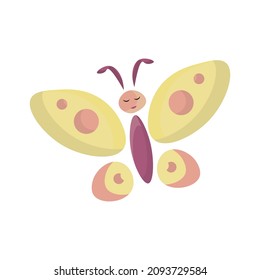 Butterfly, cute simple childish character in yellow and purple pastel colors.