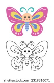 Butterfly cute vector illustration cartoon isolated on white background. Butterfly vector colored and colorless. Cute coloring page for kids. 