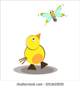 butterfly cymbals, yellow chicken, flat style, vector image, cartoon character