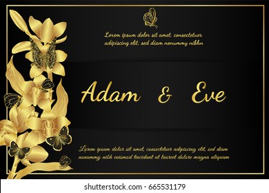 Butterfly and cymbidium orchids card by hand drawing.Butterfly and gold flower wedding card on black background.
