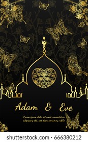 Butterfly and cymbidium orchids card by hand drawing.Butterfly and gold flower wedding card on black background.