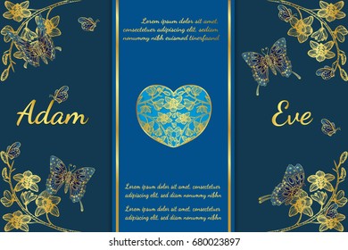 Butterfly and cymbidium orchids card by hand drawing.Butterfly and gold flower wedding card on blue background.