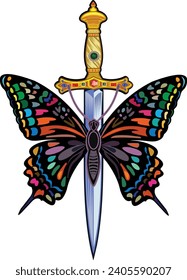 diseño de tatuajes de mariposa y daga
