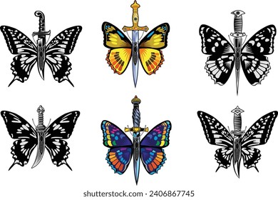diseño de tatuajes de mariposa y daga