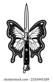 Butterfly dagger vector tattoo style, black and white illustration isolated