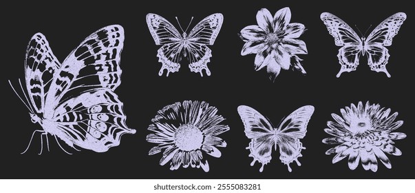 Butterfly, daisy design in retro style photocopy. The effect of grain and dotted lines. Vector template for mixed design techniques