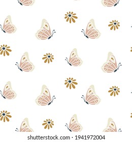 Butterfly and daisy floral seamless pattern background