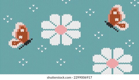 Butterfly and daisy flower on green bacground knitting pattern, Festive Sweater Design. Seamless Knitted Pattern