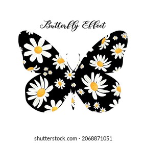 Butterfly With Daisy Wings, Vector Design for Fashion and Poster Prints, Shirt, T Shirt, Poster, Wall Art, Sticker, Phone Case, Ornament, Cute Butterlfy, Floral Design, Butterfly Effect