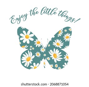 Butterfly With Daisy Wings, Vector Design for Fashion and Poster Prints, Shirt, T Shirt, Poster, Wall Art, Stickere, Phone Case, Ornament, Cute Butterlfy, Floral Design, Positive Quote