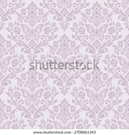 Butterfly damask seamless pattern vector in soft lavender, creating an elegant damask seamless pattern for wallpaper and fabric, designed as a refined butterfly damask seamless pattern for classic dec
