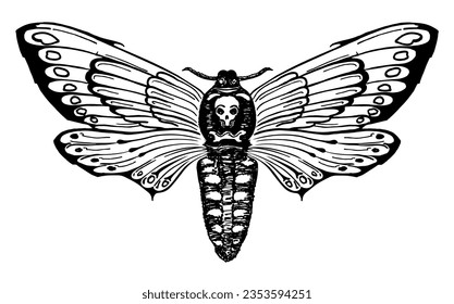 Cabeza muerta de mariposa. La polilla del halcón de la cabeza de la muerte. Ilustración de tinta vectorial dibujada a mano en un estilo grabado a la moda. Esbozo de tatuajes de diseño de polilla. Dibujo vintage para la impresión de camisetas, afiche, libro de colorear. Tatuaje