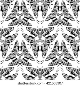 Butterfly Deaths head hawk moth. The symbol of the triple goddess. Vintage seamless pattern. For prints, T-shirts, bags, cards, textile, fashion, scrapbook paper. Vector. Coloring for adults and kids