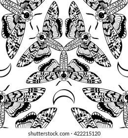 Butterfly Deaths head hawk moth. The symbol of the triple goddess. Vintage seamless pattern. For prints, T-shirts, bags, cards, textile, fashion, scrapbook paper. Vector. Coloring for adults and kids