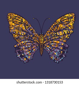 Butterfly, decorative element for design, clothes. Print for T-shirts, mugs, cover. The stylized image of an insect. Tattoo in the form of a beautiful butterfly. Vector illustration. Sticker