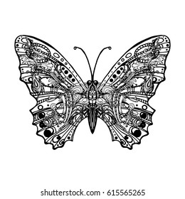 Butterfly, decorative element for design, clothes. Print for T-shirts, mugs, cover. The stylized image of an insect. Tattoo in the form of a beautiful butterfly. Vector illustration. Sticker, coloring