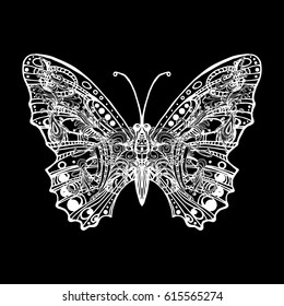 Butterfly, decorative element for design, clothes. Print for T-shirts, mugs, cover. The stylized image of an insect. Tattoo in the form of a beautiful butterfly. Vector illustration. Sticker.