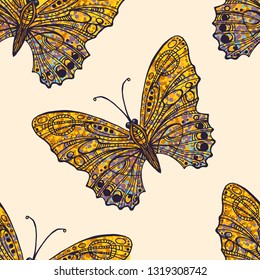 Butterfly, decorative ornament for design, printing on bed linen, T-shirts, mugs, carrying case. Stylized image of an insect. Vector seamless pattern. Sticker. Wallpaper. Gift Wrapping Paper