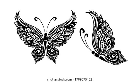 Butterfly decorative tattoo. Black Butterfly from patterns. Vector illustration