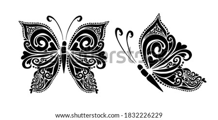 Butterfly decorative tattoo. Black Butterfly from patterns. Vector illustration