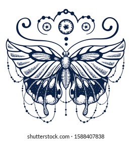 Butterfly delicately woven with calligraphy. Ornate decorated Butterfly is symbol of Diving soul. Fashionable New tattoo design. T-shirt design. Ink jet tattoo