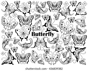 Butterfly design colorless set vector illustration. Coloring book. Black and white line art