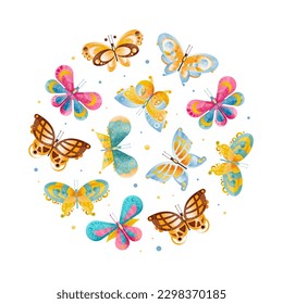 Butterfly Design with Fluttering Insect with Brightly Coloured Wings Vector Circle Arrangement