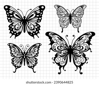 Diseño de mariposa. El insecto tropical de verano. Posturas diferentes. Ilustración plana vectorial de silueta. Cortando archivo. Adecuado para cortar software. Cricut, Silhouette. 