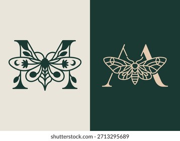 Diseños de mariposas con patrones florales en letras m y n