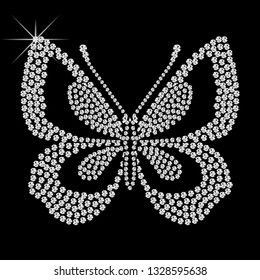 Butterfly of diamonds. Beautiful pattern embroidery of flying diamond butterfly. Shiny, silver and black print with diamonds, embroidery and jewelry. Isolated fashion abstract background.