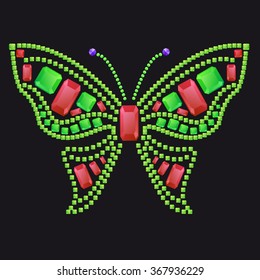 Butterfly from different colored gems: rubies, emeralds