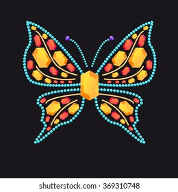 Butterfly from different colored gems: rubies, topaz