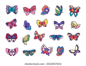 Mariposa con alas de diferentes formas. Encantador insecto volador. Estilo dibujado a mano. Dibujo de Vector. Colección de Elementos de diseño.