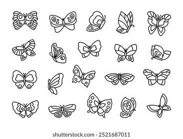 Mariposa con alas de diferentes formas. Página para colorear. Encantador insecto volador. Estilo dibujado a mano. Dibujo de Vector. Colección de Elementos de diseño.