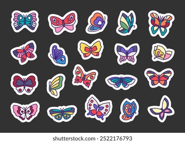 Mariposa con alas de diferentes formas. Marcador de pegatinas. Encantador insecto volador. Estilo dibujado a mano. Dibujo de Vector. Colección de Elementos de diseño.