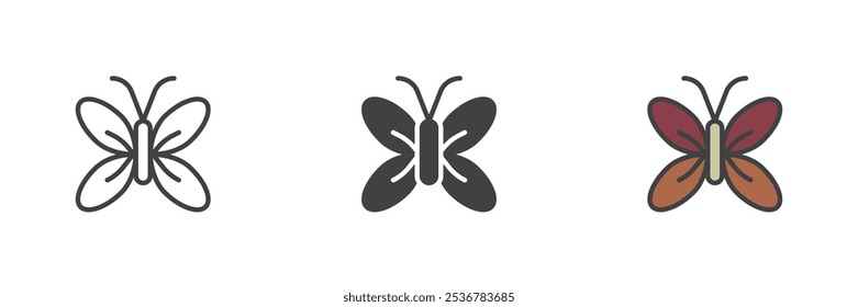 Butterfly different style icon set. Line, glyph and filled outline colorful version, outline and filled vector sign. Symbol, logo illustration. Vector graphics