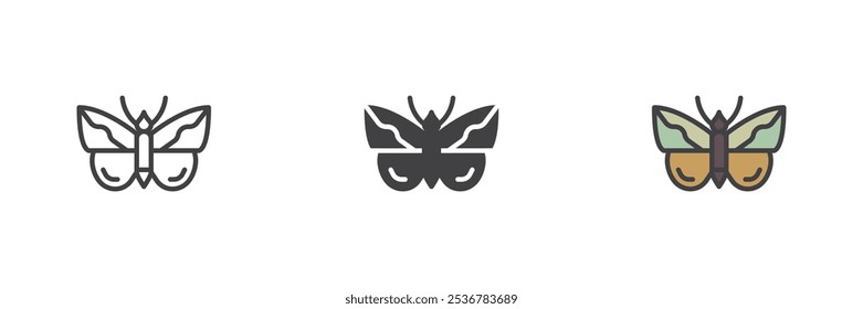 Butterfly different style icon set. Line, glyph and filled outline colorful version, outline and filled vector sign. Moth symbol, logo illustration. Vector graphics