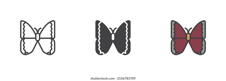 Butterfly different style icon set. Line, glyph and filled outline colorful version, outline and filled vector sign. Moth symbol, logo illustration. Vector graphics