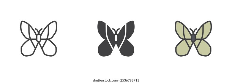 Butterfly different style icon set. Line, glyph and filled outline colorful version, outline and filled vector sign. Moth symbol, logo illustration. Vector graphics