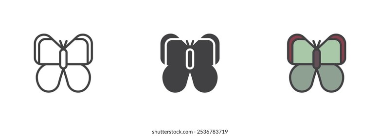 Butterfly different style icon set. Line, glyph and filled outline colorful version, outline and filled vector sign. Symbol, logo illustration. Vector graphics