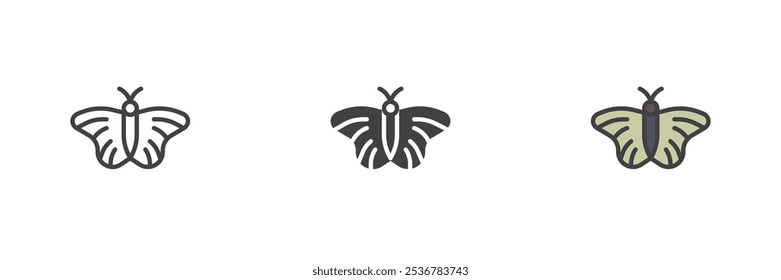 Butterfly different style icon set. Line, glyph and filled outline colorful version, outline and filled vector sign. Moth symbol, logo illustration. Vector graphics