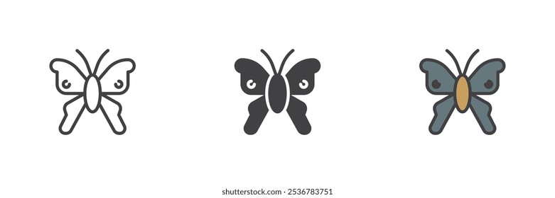 Butterfly different style icon set. Line, glyph and filled outline colorful version, outline and filled vector sign. Symbol, logo illustration. Vector graphics