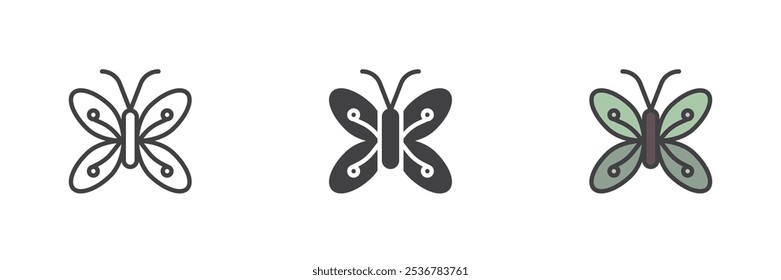 Butterfly different style icon set. Line, glyph and filled outline colorful version, outline and filled vector sign. Symbol, logo illustration. Vector graphics