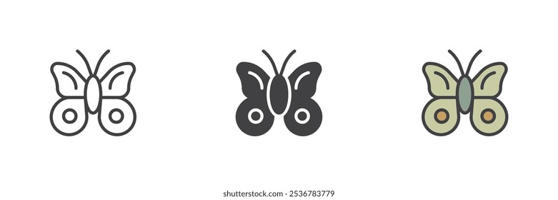 Butterfly different style icon set. Line, glyph and filled outline colorful version, outline and filled vector sign. Butterfly symbol, logo illustration. Vector graphics