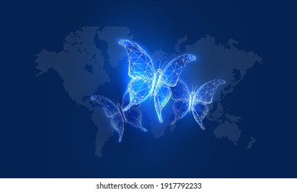 Butterfly in a digital futuristic style on background world map. The concept of a successful startup or investment or business transformation