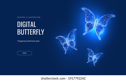 Butterfly in a digital futuristic style on background world map. The concept of a successful startup or investment or business transformation