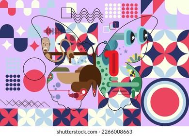 Schmetterling-Doodle-Kombikunst auf geometrischem Hintergrund, bunt und handgezeichnet